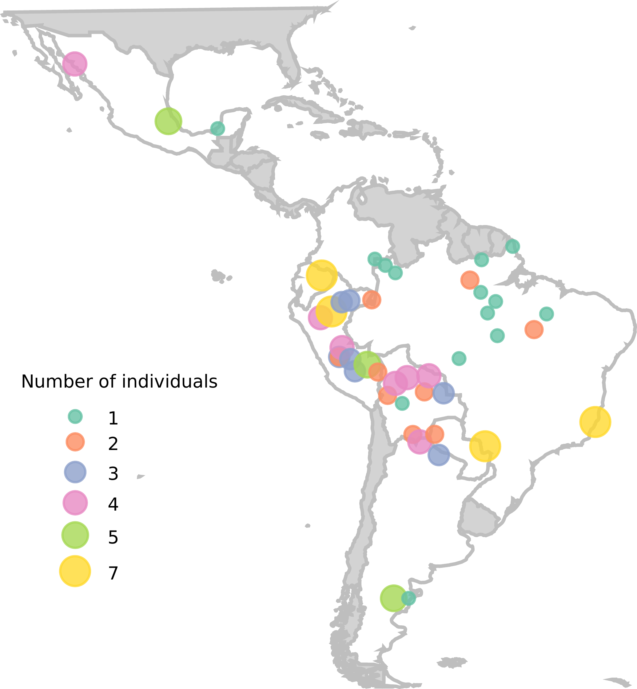 Imatge inicial - Distribució geogràfica dels individus indígenes americans inclosos a l’estudi. Cada punt representa una localització de mostreig i la seva mida és proporcional al nombre d’individus d’aquesta població. Crèdit: Hemanoel Passareli-Araujo.