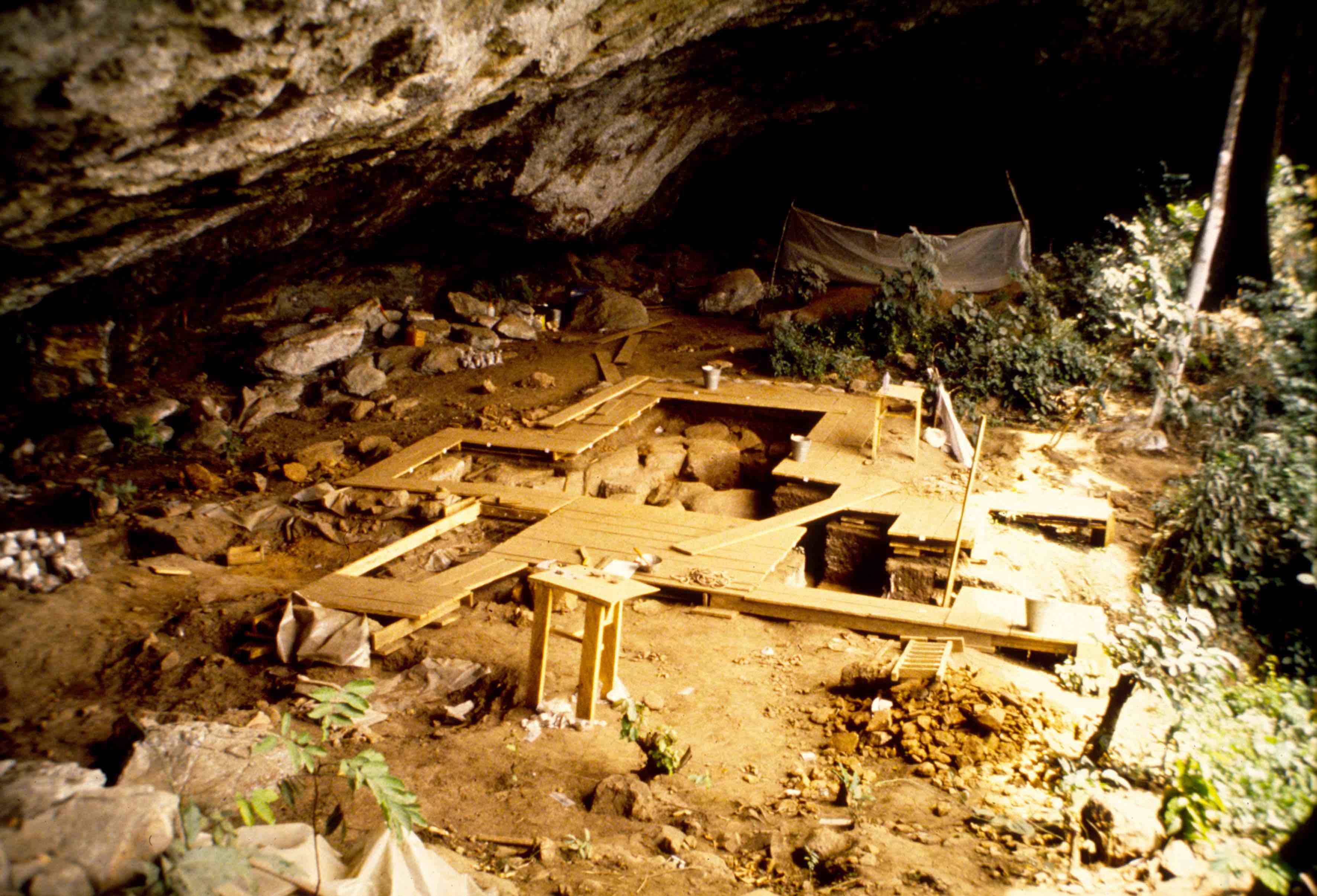 Vista general de la excavación de Shum Laka en Camerún (foto de Pierre de Maret, enero de 1994). Vista general de la excavación de Shum Laka en Camerún (foto de Pierre de Maret, enero de 1994).