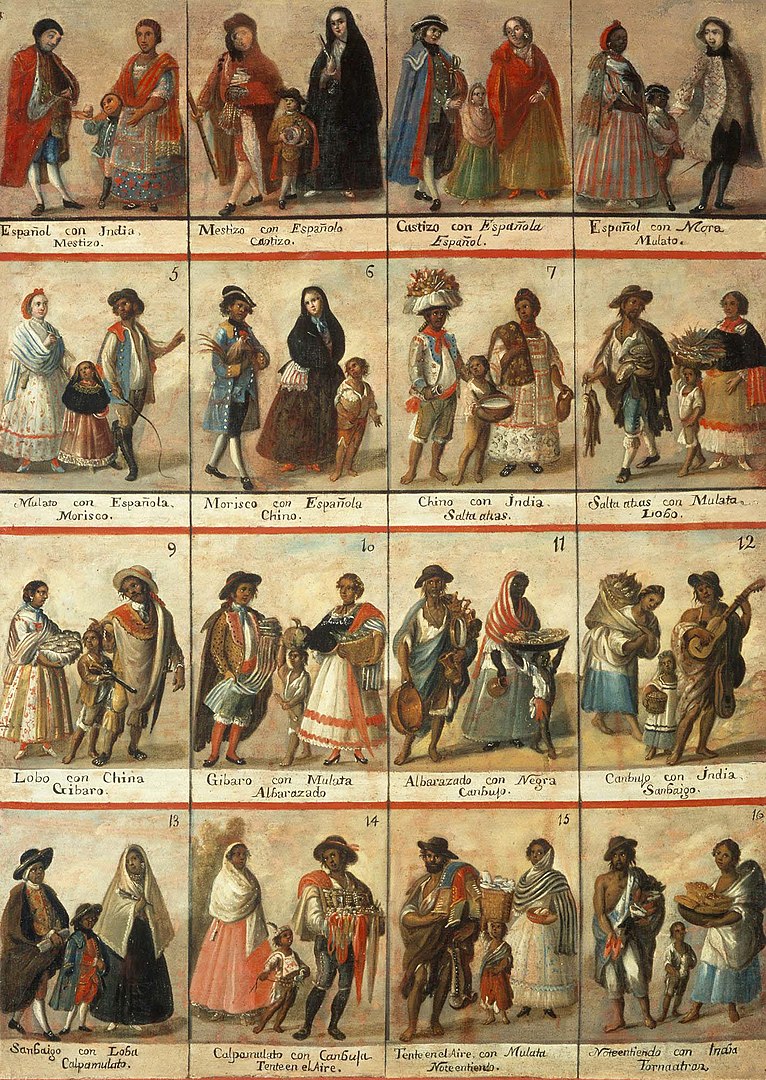 Pintura que comprèn setze classificacions de castes a l'Espanya colonial. El primer, mestís, és descendència d'un home espanyol amb una dona indígena. Obra anònima, del segle XVIII. Museu Nacional del Virreinat, Tepotzotlán, Mèxic. A través de wikimedia commons, del domini públic.