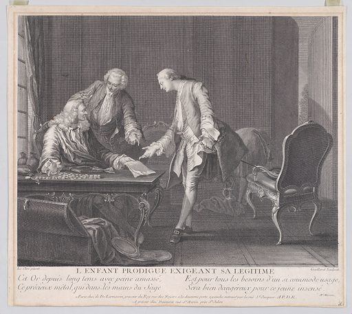 El fill pròdig demanant la seva herència. Gravat del 1751 de l'artista francès René Gaillard. Crèdit: The Metropolitan Museum of Art, amb llicència CC0 del domini públic.